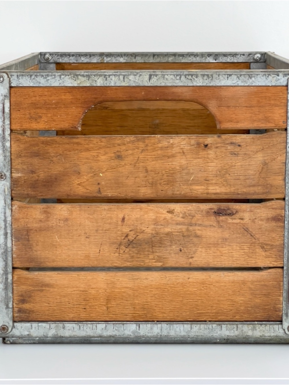 ANTIQUE WOOD AND GALVANIZED STEEL MILK DELIVERY CRATE
